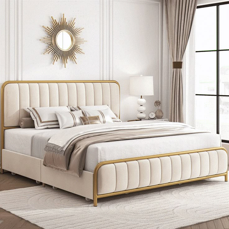 Homfa Queen Size 4 Storage Drawers Bed, Gold Platform Bed Frame with Tufted Upholstered Headboard